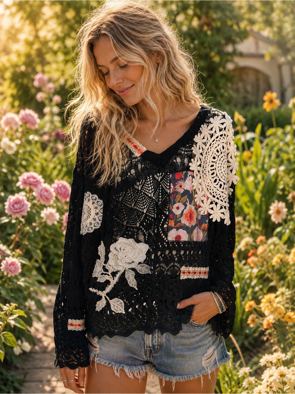 POL M Boho Crochet Patchwork Black V-Neck Sweater with Floral Appliqué